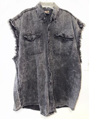 Biker Wear USA Unisex Black Sleeveless Denim Shirt Button Vest BW